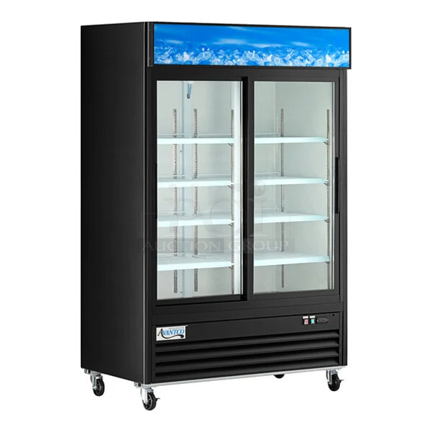 BRAND NEW SCRATCH AND DENT! 2024 Avantco 178GDS47HCB Metal Commercial Black Sliding Glass Door Merchandiser Refrigerator with LED Lighting and Poly Coated Racks on Commercial Casters. 115 Volts, 1 Phase. Tested and Working!