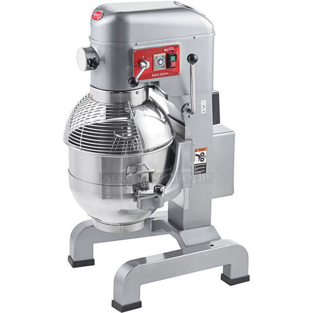 BRAND NEW SCRATCH AND DENT! Avantco MX30H Metal Commercial Floor Style 30 Quart Planetary Dough Mixer w/ Stainless Steel Mixing Bowl and Bowl Guard. Tested and Does Not Power On