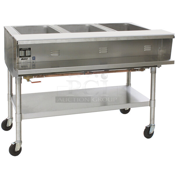 LIKE NEW! Eagle SPHT3-240-3 Stainless Steel Commercial Floor Style 3 Bay Steam Table w/ Under Shelf and Commercial Casters. 240 Volts, 1 Phase. - Image 1 of 7