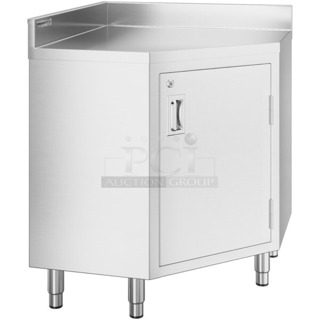 BRAND NEW SCRATCH AND DENT! Regency Spec Line Stainless Steel Commercial 30" x 30" 14 Gauge Stainless Steel Corner Work Table with Hinged Door and Lock