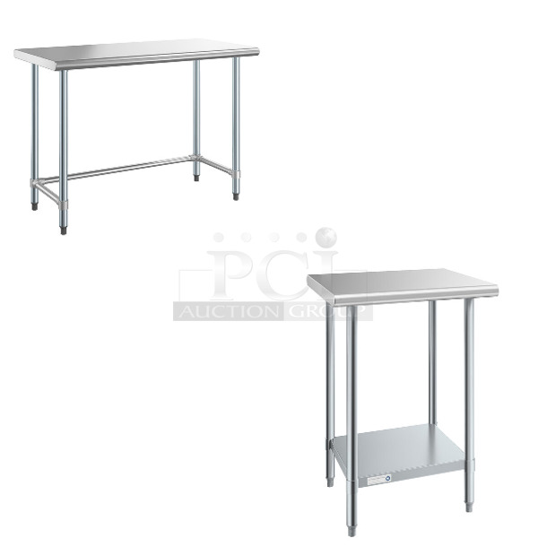 2 BRAND NEW SCRATCH AND DENT! Items; Steelton 522ETOB2448 24" x 48" 18-Gauge 430 Stainless Steel Open Base Work Table and Steelton 522ETSG2424 24" x 24" 18 Gauge 430 Stainless Steel Work Table with Undershelf. 2 Times Your Bid! May Be Missing Pieces. - Image 1 of 4
