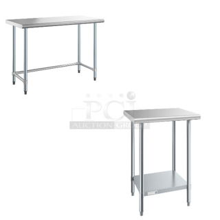 2 BRAND NEW SCRATCH AND DENT! Items; Steelton 522ETOB2448 24" x 48" 18-Gauge 430 Stainless Steel Open Base Work Table and Steelton 522ETSG2424 24" x 24" 18 Gauge 430 Stainless Steel Work Table with Undershelf. 2 Times Your Bid! May Be Missing Pieces.