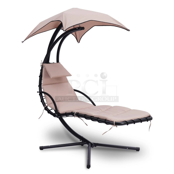 IN ORIGINAL BOX! SereneLife SLHNGCH44 Outdoor Hanging Curved Steel Chaise Lounge Swing Chair w/ Built-in Pillow and Removable Canopy - Image 1 of 4