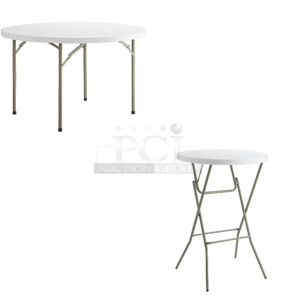 4 BRAND NEW SCRATCH AND DENT! Items Including 384YCZ48RND Lancaster Table & Seating 48" Round Heavy-Duty Granite White Plastic Folding Table, 384YCZ32RNDB Lancaster Table & Seating 32" Round Granite White Heavy-Duty Blow Molded Bar Height Plastic Folding Table, Metal Round Table Base Bottom Piece. May Be Missing Pieces. 4 Times Your Bid!  - Image 1 of 7