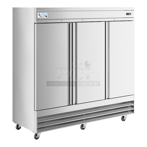 BRAND NEW SCRATCH AND DENT! 2024 Avantco 178SS3FHC 81 5/16" Stainless Steel Solid Door Reach-In Freezer on Commercial Casters. 115 Volts, 1 Phase. Tested and Working! - Image 1 of 7
