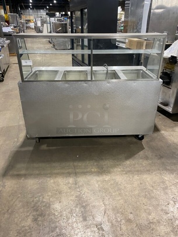 Randell Commercial Electric Powered 4 Well Steam Table! With Sneeze Guard! With Storage Space Underneath! All Stainless Steel! On Casters! Model: 3614 SN: J6593812 208/240V
