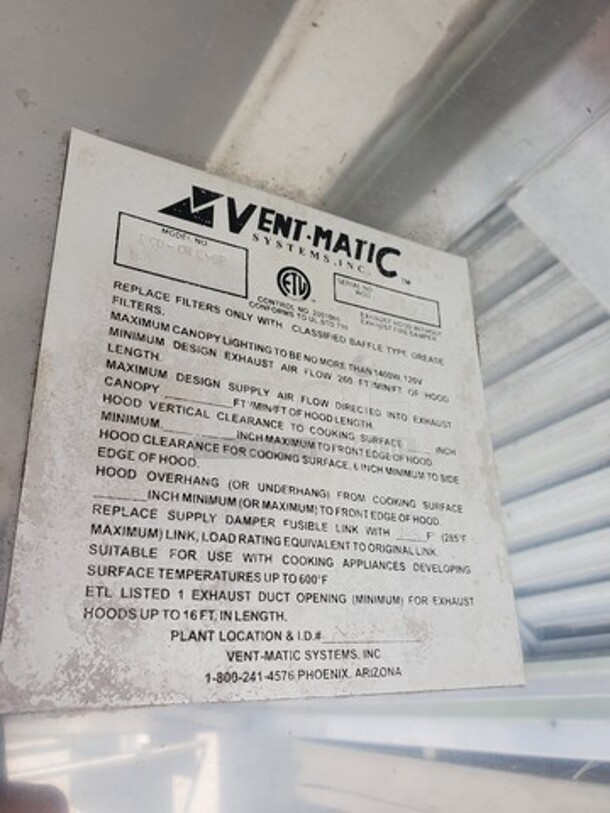 Ventmatic Commercial Exhaust Hood
Includes 3 Filters - Image 2 of 3