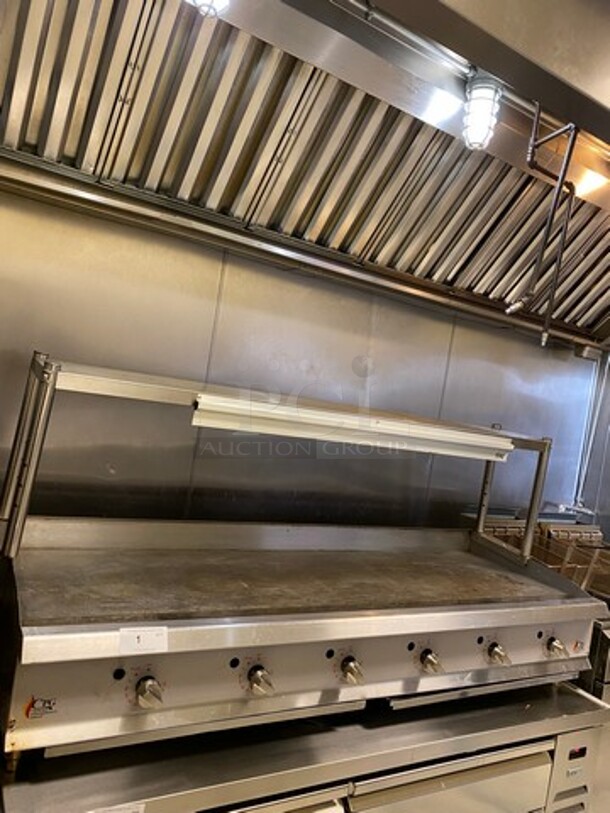 WOW! LATE MODEL! 2020 CPG Commercial Countertop Natural Gas Powered Flat Top Griddle! With Back And Side Splashes! With Overhead Shelf! All Stainless Steel! On Small Legs! WORKING WHEN REMOVED! Model: G72T SN: 2001000609