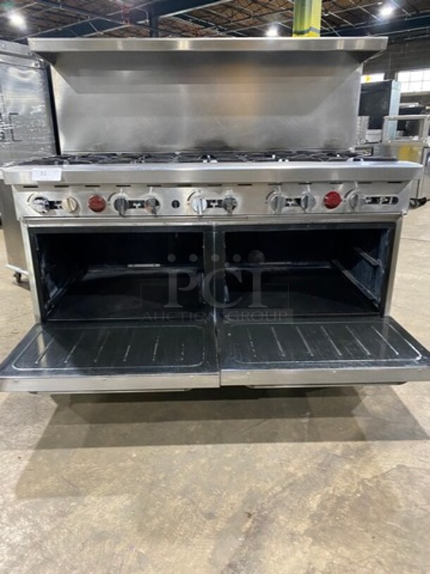 Commercial Natural Gas Powered 10 Burner Stove! With Raised Back Splash And Salamander Shelf! With 2  Oven Underneath! All Stainless Steel! On Casters! - Image 7 of 9