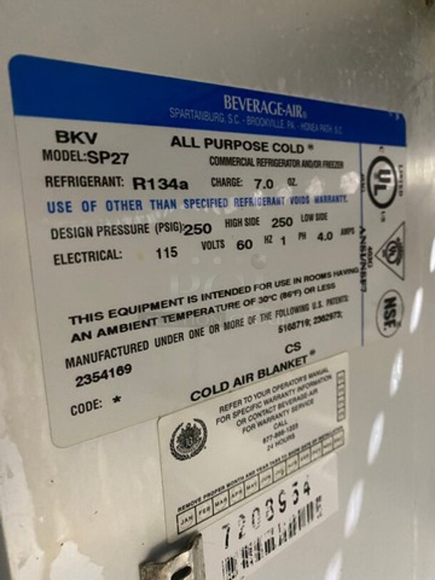 Beverage Air Commercial Refrigerated Sandwich Prep Table! With Single Door Storage Space Underneath! All Stainless Steel! On Casters! Model: SP27 SN: 7208954 115V 60HZ 1 Phase - Image 7 of 8