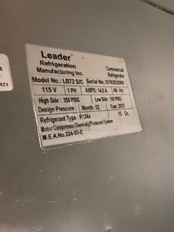 Leader Commercial 3 Door Undercounter/ Work Top Cooler! All Stainless Steel! On Casters! Model: LB72S/C SN: GY02S2505 115V 60HZ 1 Phase - Image 7 of 8