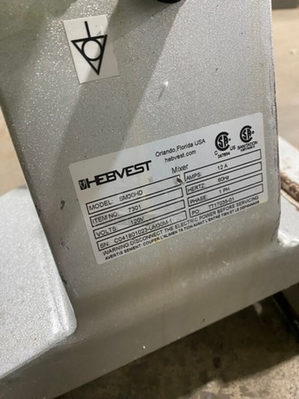 Hebvest Commercial 30Qt Planetary Mixer! With Bowl Guard! Model: SM30HD SN: C041801023UM30M1 120V 60HZ 1 Phase - Image 8 of 9