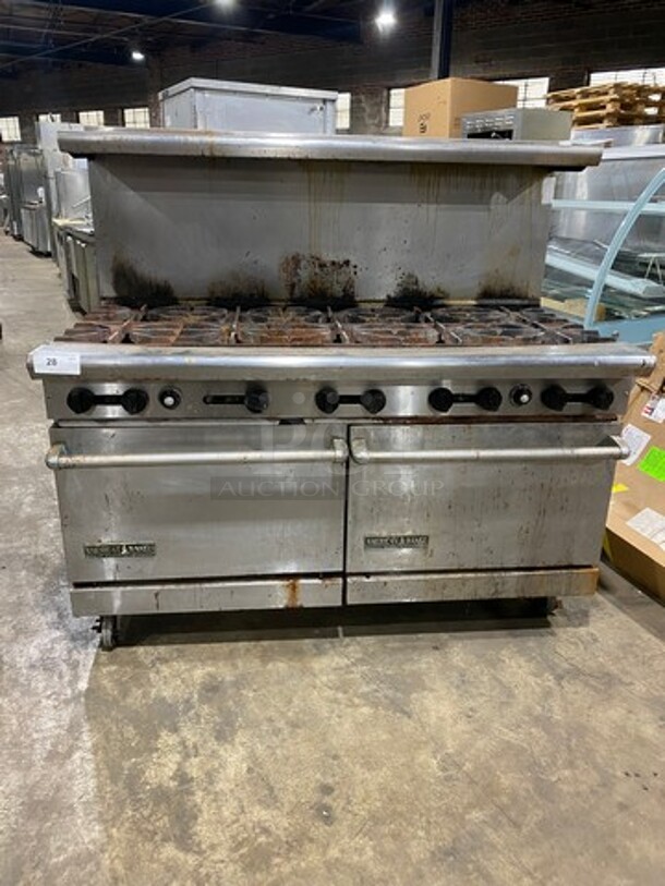 American Range Commercial Natural Gas Powered 10 Burner Stove! With Raised Back Splash And Salamander Shelf! With 2 Full Size Oven Underneath! Metal Oven Racks! All Stainless Steel! On Casters!