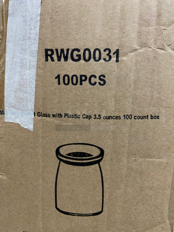 IN THE BOX! Restaurant Ware 3.5 Oz Clear Glass Milk/Yogurt Containers! With Plastic Lid! 2x Your Bid! - Image 2 of 5