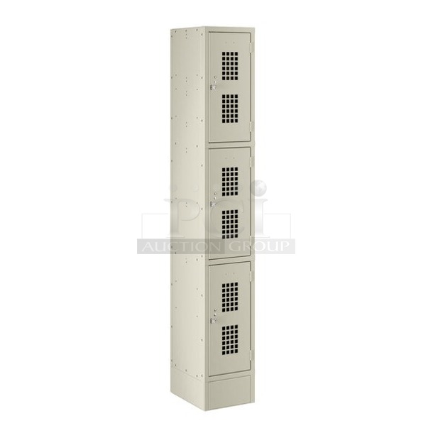 BRAND NEW SCRATCH & DENT! Regency Space Solutions Beige 12" x 15" x 78" Single, 3 Tier Locker - Unassembled. IN THE BOX!  - Image 1 of 2