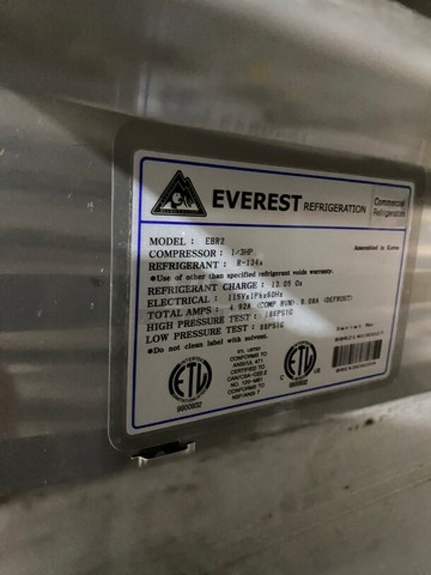 Everest Commercial 2 Door Reach In Cooler! With Pan Racks! All Stainless Steel! On Casters! Model: EBR2 SN: BBR214030027 115V 60HZ 1 Phase - Image 7 of 9