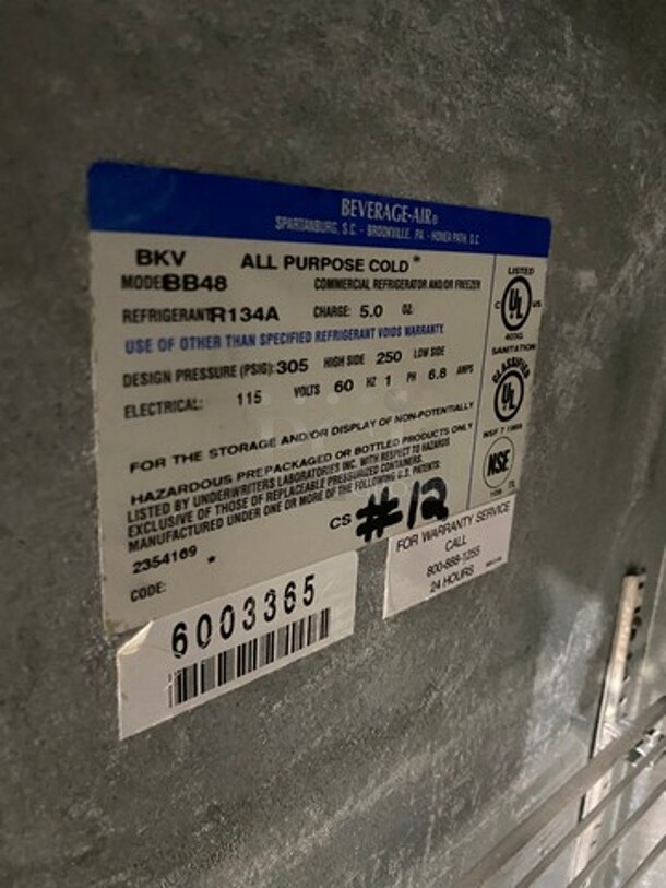 Beverage Air Commercial 2 Door Bar Back Cooler! Stainless Steel! Model: BB48 SN: 6003365 115V 60HZ 1 Phase - Image 7 of 8