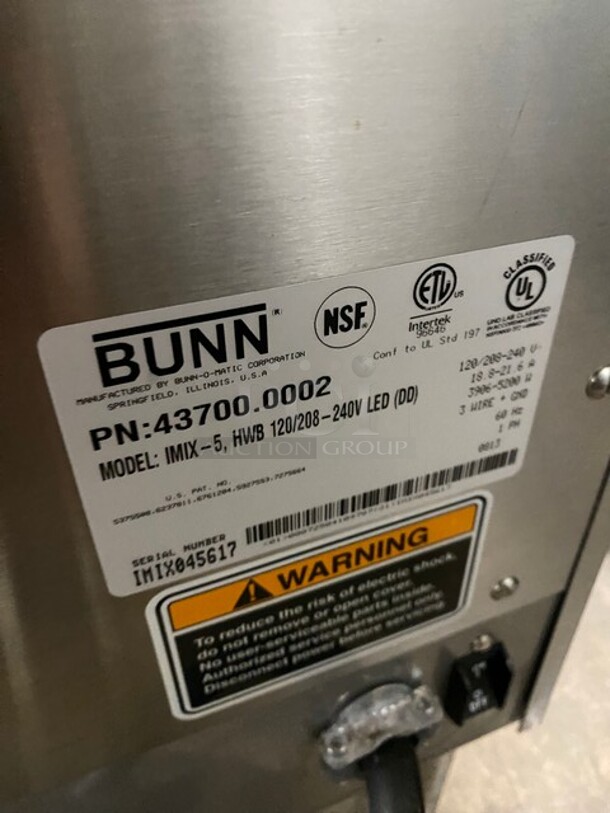 Bunn Commercial Countertop Hot Beverage Dispenser! All Stainless Steel! Model: IMIX5 SN: IMIX045617! 120/208/240V 60HZ 1 Phase! - Image 5 of 8