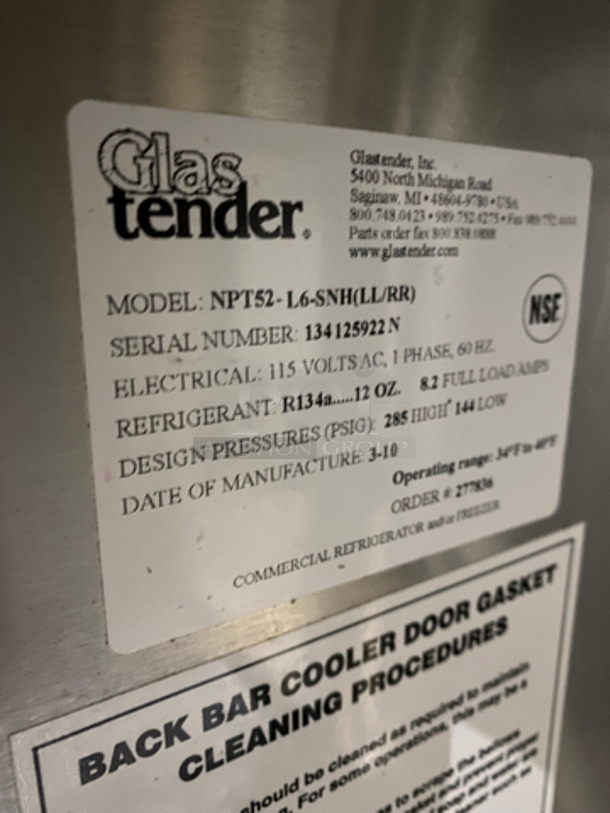 Glastender 2 Door Bar Back Cooler! With Poly Coated Racks! All Stainless Steel! On Legs! Model: NPT52L6SNH(LL/RR) SN: 134125922N 115V 60HZ 1 Phase - Image 7 of 9