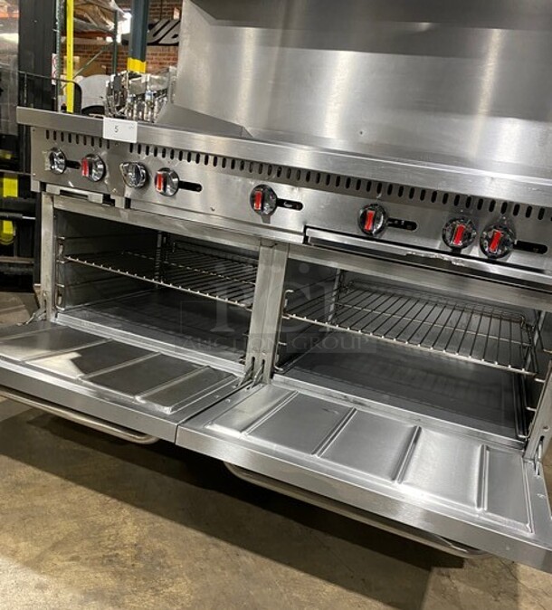 CPG Commercial LP Powered Flat Top Griddle Stove With Left Side 2 Burner! Griddle Has Side Splashes! With Raised Back Splash And Salamander Shelf! With 2 Oven Underneath! Metal Oven Racks! All Stainless Steel! On Casters! Working When Removed! Model: S60G48L SN: 09227429 - Image 8 of 12