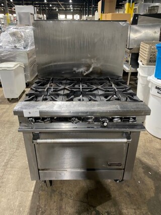 Therma Tek Commercial Natural Gas Powered 6 Burner Stove! With Raised Back Splash! With Oven Underneath! All Stainless Steel! On Casters!