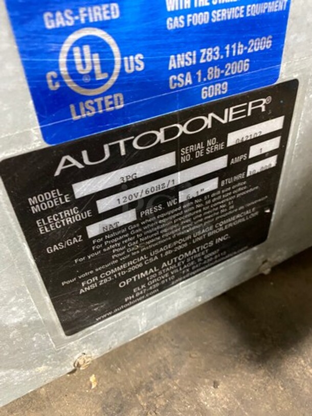 Auto Doner Commercial Countertop Natural Gas Powered Vertical Broiler Gyro Machine! All Stainless Steel! Model: 3PG SN: 042102 - Image 8 of 10