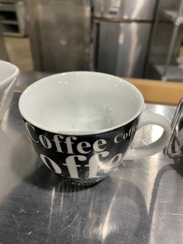 Black And White Coffee Mug Set! Includes Mug And Saucer Holder! MISSING 1 MUG! - Image 3 of 7