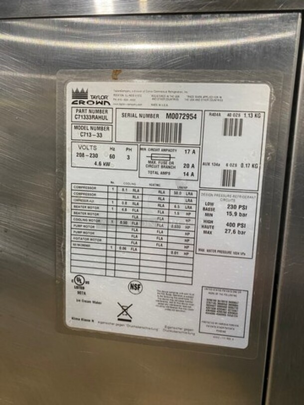 WOW! Taylor Crown Commercial 3 Handle Soft Serve Ice Cream Machine! All Stainless Steel! On Casters! Model: C71333 SN: M0072954! 208/230V 60HZ 3 Phase! - Image 8 of 9