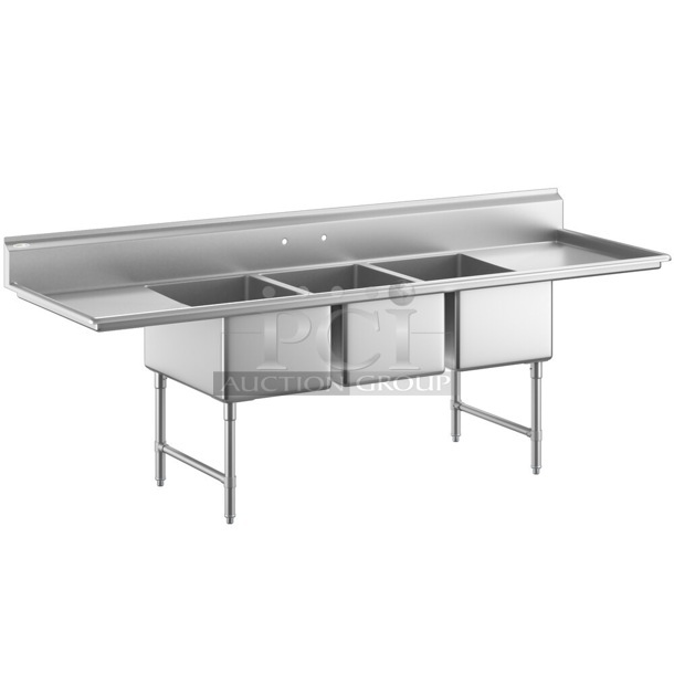 BRAND NEW SCRATCH AND DENT! Regency 600S31818218 16 Gauge Stainless Steel Three Compartment Commercial Sink with Cross Bracing and Two Drainboards - 18
