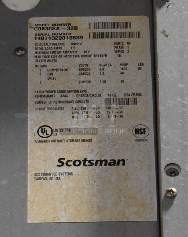 Scotsman C0830SA-32B Stainless Steel Commercial Ice Machine Head on Commercial Bin. 208/230 Volts, 1 Phase. 30x36x99 - Image 3 of 6