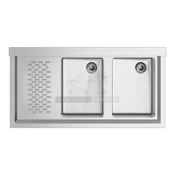 BRAND NEW SCRATCH & DENT! Regency STAINLESS STEEL 2 Bowl Underbar Sink with One Drainboard - 36" x 18 3/4" - Right Drainboard. IN THE BOX!  - Image 2 of 2