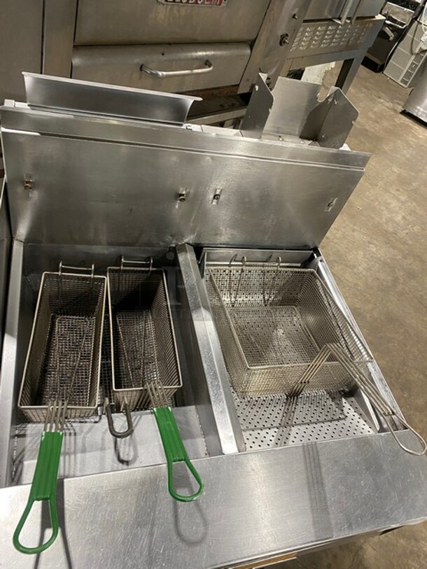 Frymaster Commercial Natural Gas Powered Deep Fat Fryer With Side Dumping Station! With Metal Frying Baskets! With Back Splash! All Stainless Steel! On Casters! Model: FM145ESC SN: 0204GH0013! - Image 5 of 11