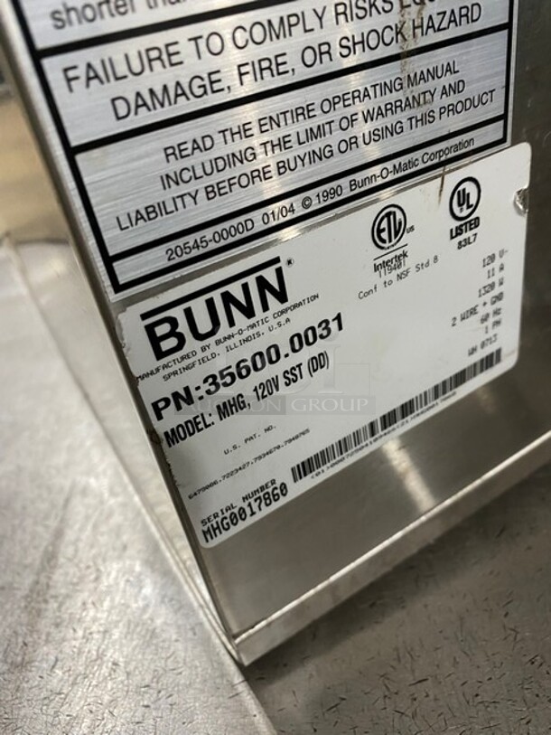 Bunn Commercial Countertop Dual Coffee Bean Grinder Machine! Stainless Steel Body! Model: MHG SN: MHG0017860 120V 60HZ 1 Phase - Image 5 of 8