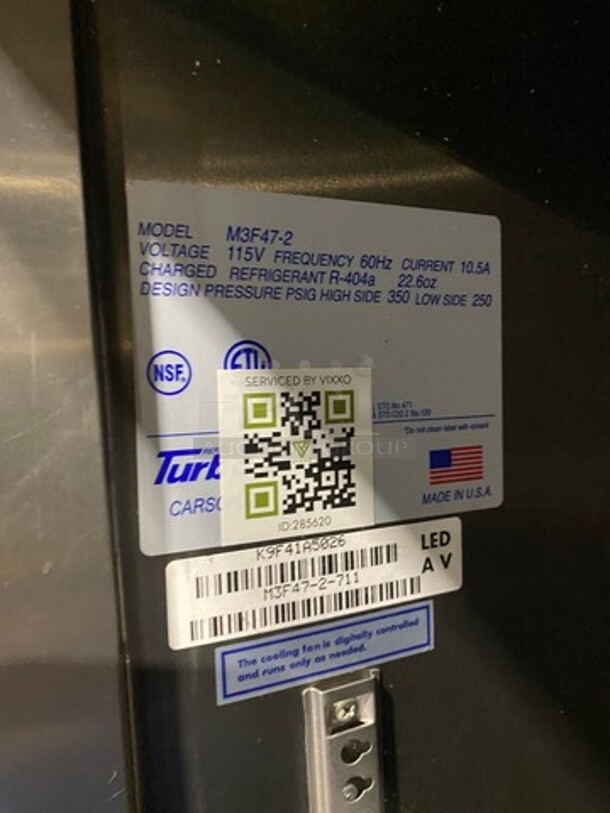 Turbo Air Commercial 2 Door Reach In Freezer! With Poly Coated Racks! Solid Stainless Steel! Model: M3F472 SN: K9F41A5026! 115V! On Casters!
 - Image 8 of 12