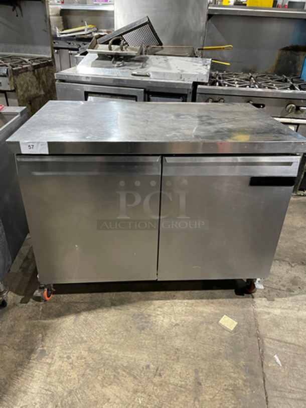 Continental Commercial 2 Door Worktop/Lowboy Freezer! With Poly Coated Racks! All Stainless Steel! On Casters! Model: SW48 SN: 150B0971 115V 60HZ 1 Phase