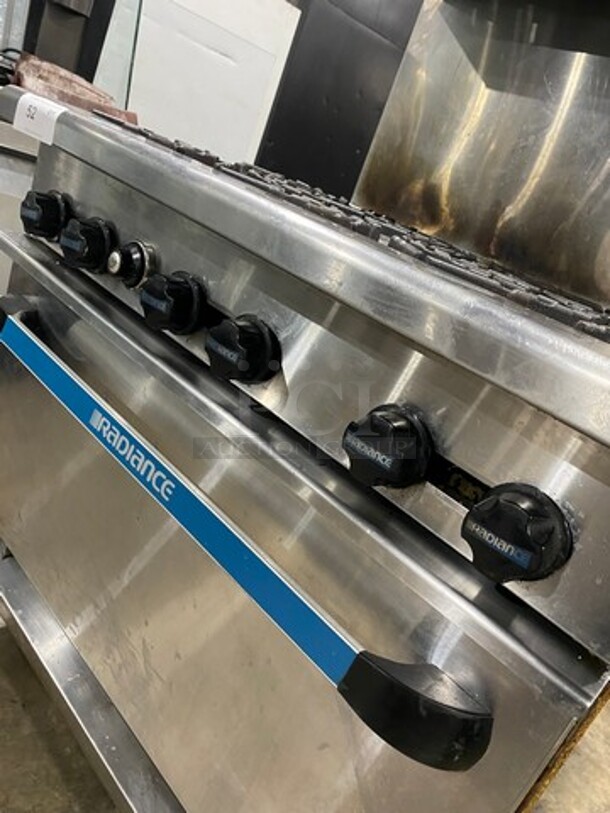 LATE MODEL! Radiance Commercial Natural Gas Powered 6 Burner Stove! With Raised Back Splash And Salamander Shelf! With Oven Underneath! All Stainless Steel! On Casters! WORKING WHEN REMOVED! - Image 8 of 8