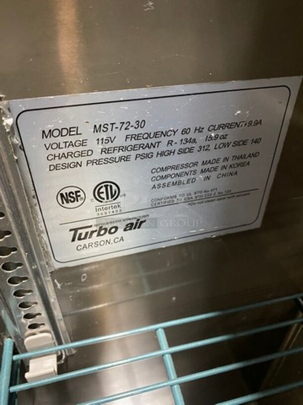 Turbo Air Commercial Refrigerated Mega Top Sandwich Prep Table! With 3 Door Storage Space Underneath! Poly Coated Racks! All Stainless Steel! On Casters! Model: MST7230 115V 60HZ 1 Phase - Image 8 of 9