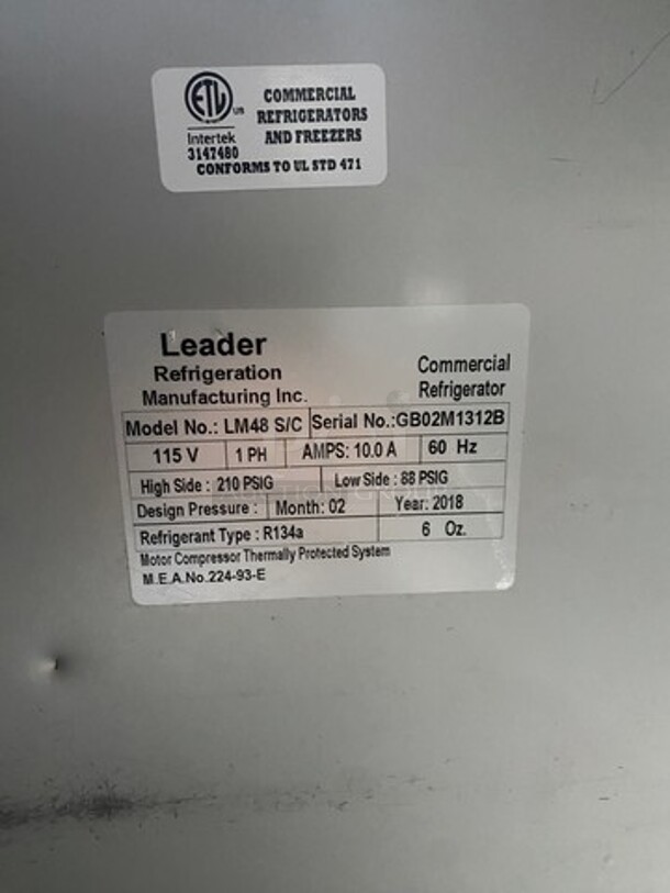 LATE MODEL! 2018 Leader Commercial Refrigerated Mega Top Sandwich Prep Table! With Commercial Cutting Board! With 2 Door Storage Space Underneath! All Stainless Steel! On Casters! Model: LM48S/C SN: GB02M1312B 115V 60HZ 1 Phase - Image 6 of 11