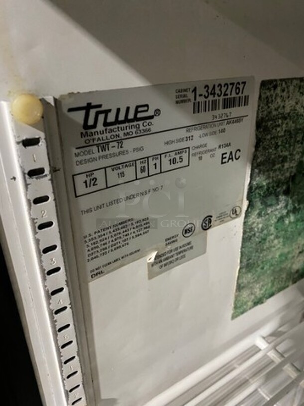 True Commercial 3 Door Lowboy/ Worktop Cooler! With poly Coated Racks! With Backsplash! All Stainless Steel! On Legs! Model: TWT72 SN: 13432767 115V 60HZ 1 Phase - Image 8 of 10