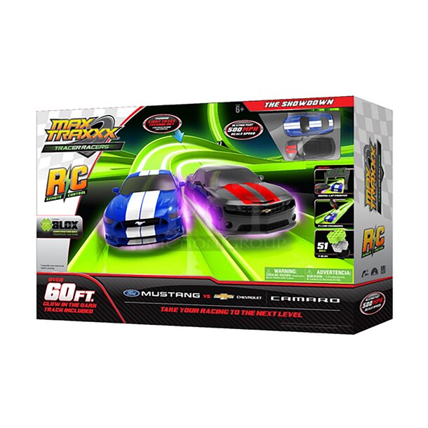Max Traxxx Tracer Racer R/C The Showdown Set, Ford Mustang Chevrolet Camaro, 500 M P H 60ft of glow in the dark track!!
