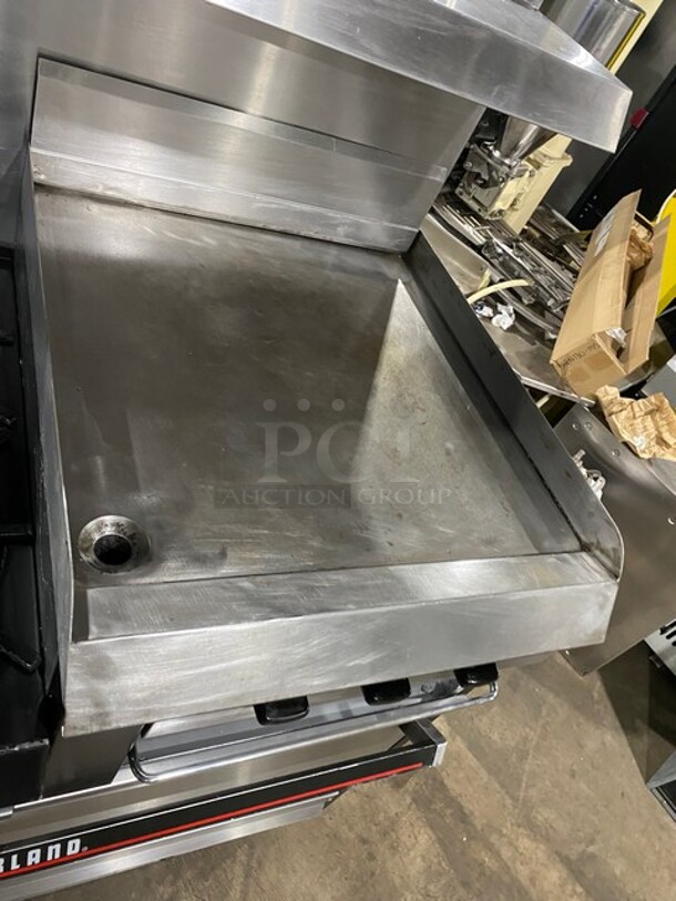 AMAZING! Garland Commercial Natural Gas Powered 6 Burner Split Top With Right Side Flat Griddle! With 2 Full Ovens Underneath! With Back Splash & Overhead Salamander Shelf! All Stainless Steel! With Metal Oven Racks! On Casters!  - Image 7 of 12
