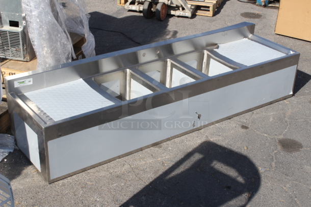 BRAND NEW SCRATCH & DENT! Regency 600B31014219 3 Bowl Underbar Sink with Two Large Drainboards - 72" x 18 3/4". Minor Denting. Sink Only. Minor damage to top of top right corner. see photos.  - Image 2 of 7