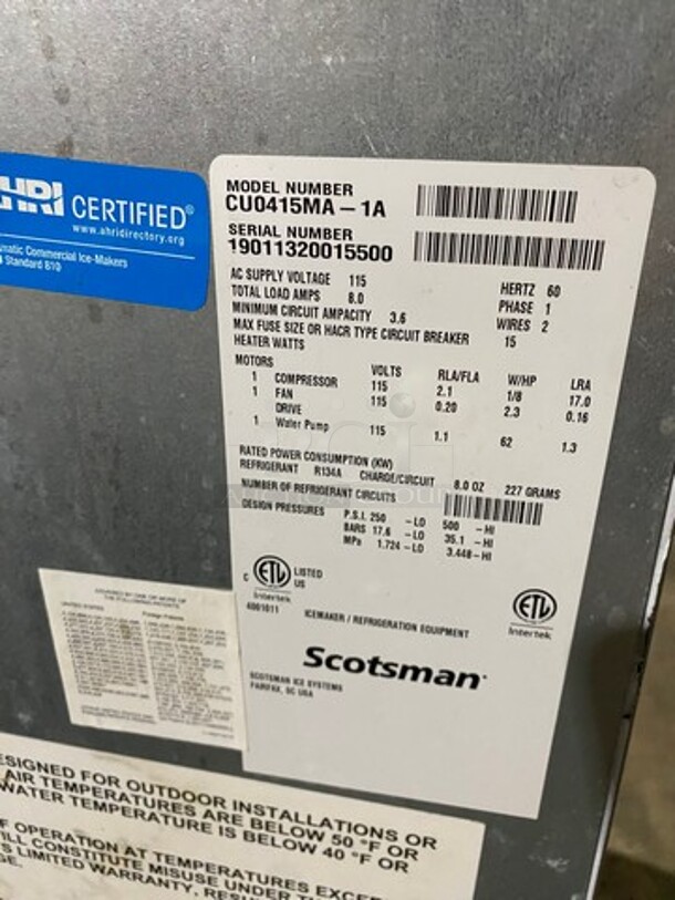 Scotsman Commercial Ice Maker Machine! On Legs! Model: CU0415MA1A SN: 19011320015500 115V 60HZ 1 Phase - Image 5 of 7