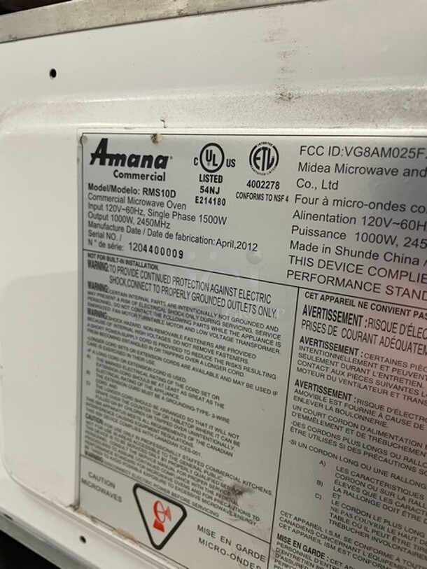 Amana Commercial Countertop Microwave Oven! On Legs! 120V 1 Phase! Model: RMS10D SN: 1204400009! - Image 5 of 8