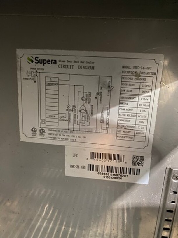 Supera 2 Glass Door Commercial Bar back cooler! MODEL BBC2448G SN:6236331315070207 115V  - Image 6 of 9