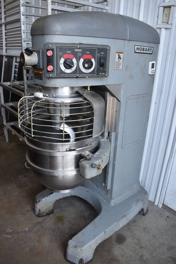 Hobart Legacy Model HL662 Metal Commercial 60 Quart Planetary Dough Mixer w/ Stainless Steel Mixing Bowl, Bowl Guard and Dough Hook Attachment. 200-240 Volts, 1/3 Phase. 29x39x62   - Image 1 of 10