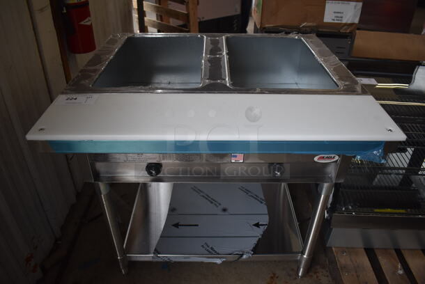 BRAND NEW SCRATCH AND DENT! 2022 Eagle SHT2-LP Stainless Steel Commercial 2 Well Gas Powered Steam Table w/ Cutting Board and Under Shelf. 33x31x34.5. Tested and Working!