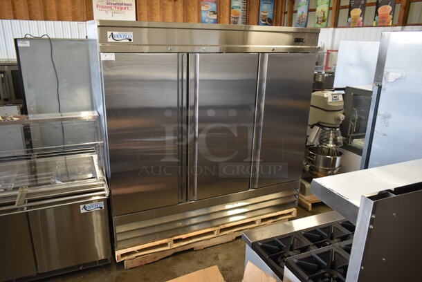 BRAND NEW SCRATCH AND DENT! 2023 Avantco 178SS3FHC Stainless Steel Commercial 3 Door Reach In Freezer w/ Poly Coated Racks and Commercial Casters. 115 Volts, 1 Phase. Stock Picture Used as Gallery. Tested and Working! - Image 2 of 12