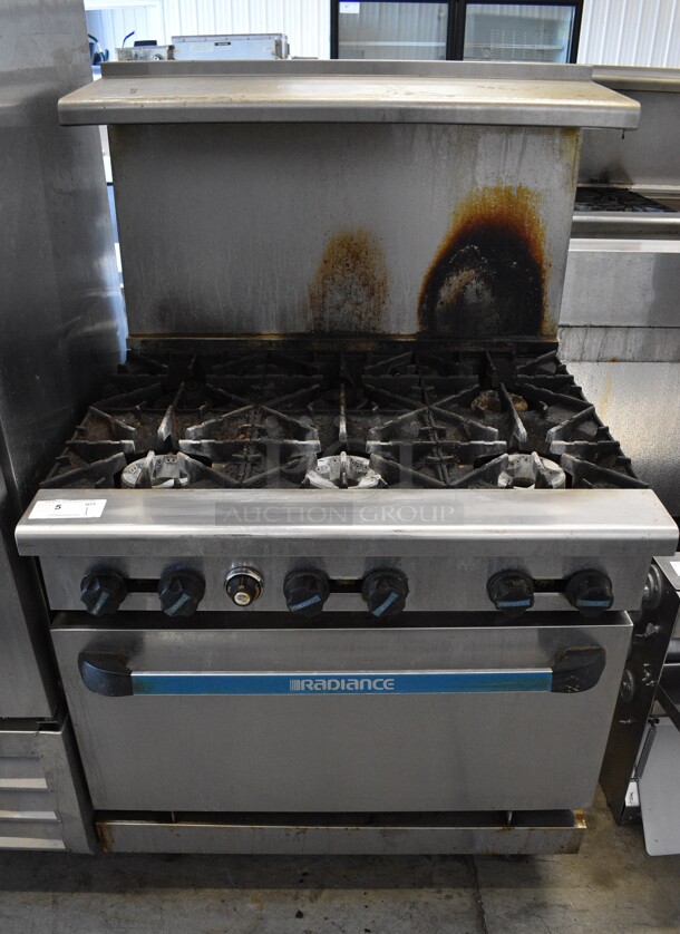 Radiance Stainless Steel Commercial Natural Gas Powered 6 Burner Range w/ Oven, Over Shelf and Back Splash. 36x32x57.5