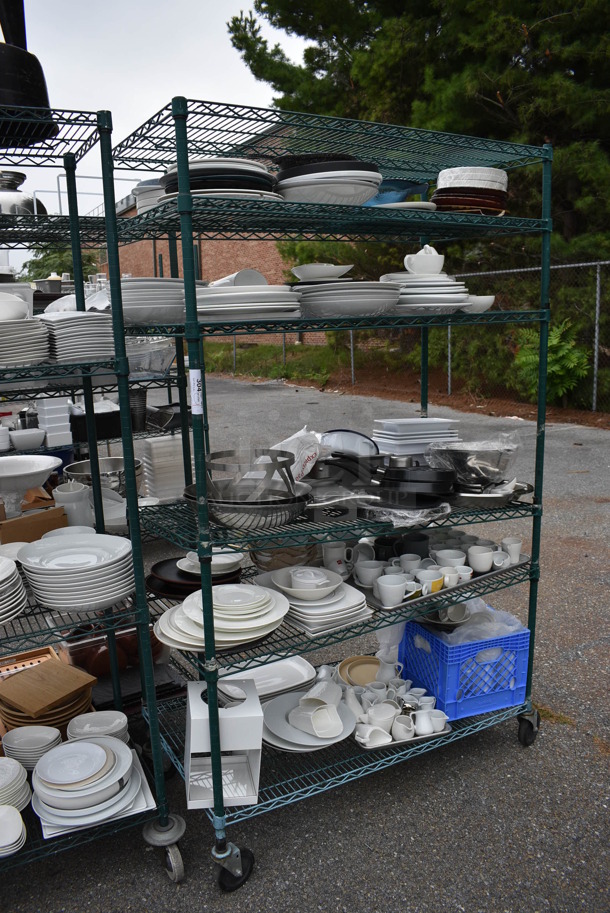 ALL ONE MONEY! Lot of 6 Tiers of Various Smallwares Including White Ceramic Plates, Mugs and Metal Bowls. Does Not Include Shelving Unit.  - Image 2 of 6